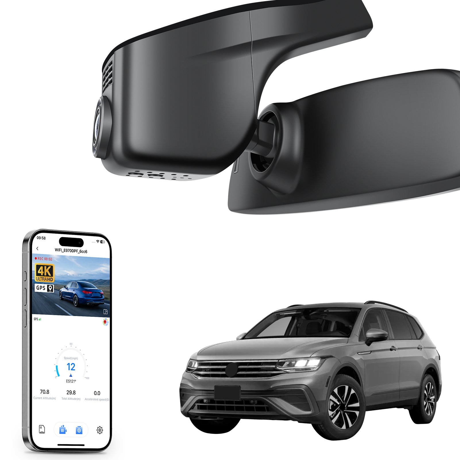 Car rearview mirror built-in dash cam with smartphone app control, 4K Ultra HD recording, GPS tracking, and Volkswagen Tiguan SUV models in the background.