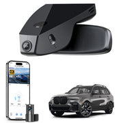 2 channel dash cam with dual STARVIS 2, features smartphone app control, 4K Ultra HD recording, GPS tracking, and BMW X7 SUV in the background.  