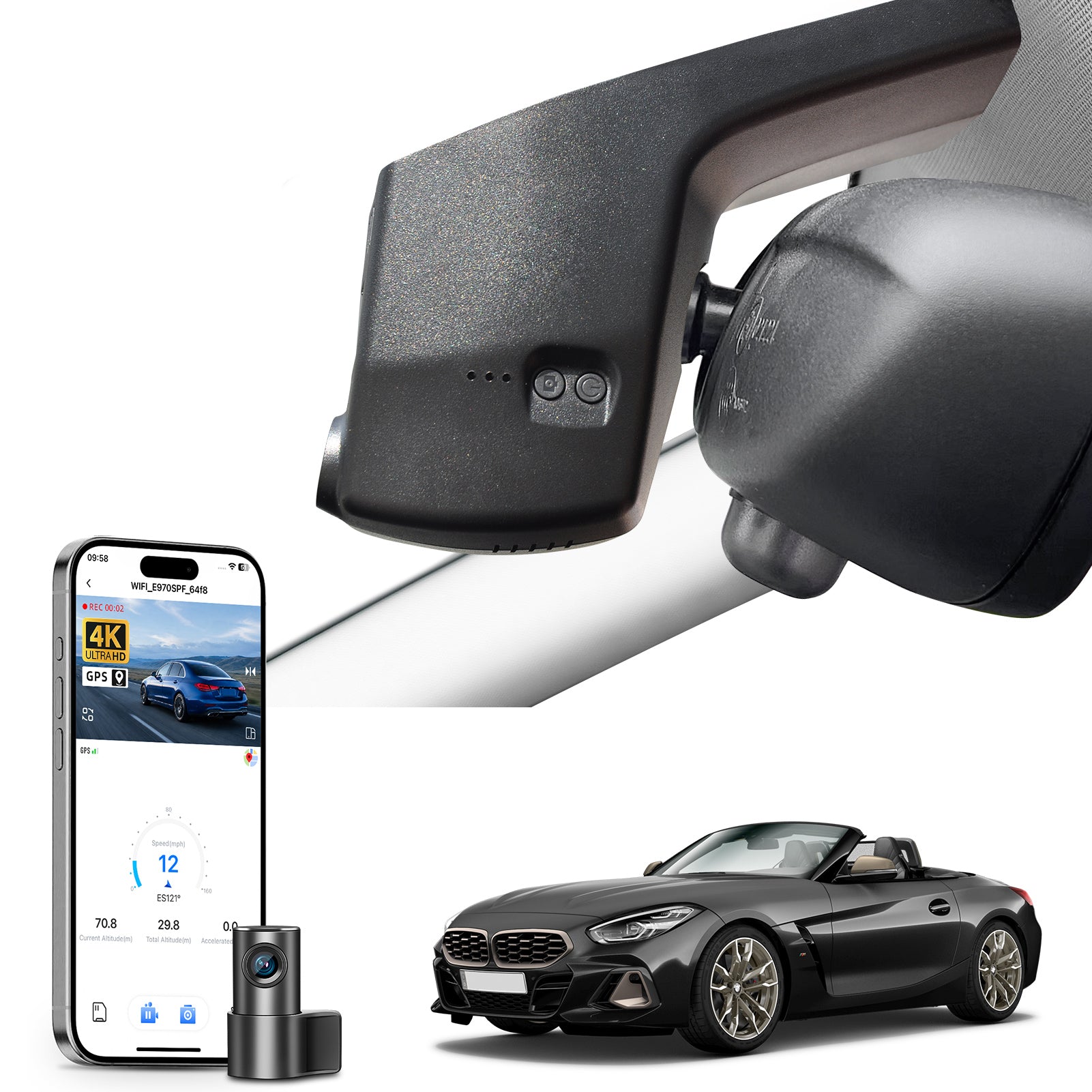 2 channel dash cam with dual STARVIS 2, features smartphone app control, 4K Ultra HD recording, GPS tracking, and BMW Z4 Sports Car in the background. 