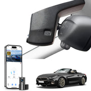 2 channel dash cam with dual STARVIS 2, features smartphone app control, 4K Ultra HD recording, GPS tracking, and BMW Z4 Sports Car in the background. 