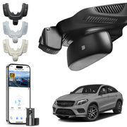 2 channel dash cam with dual STARVIS 2, features smartphone app control, 4K Ultra HD recording, GPS tracking, and Benz GLE & GLS models in the background. 