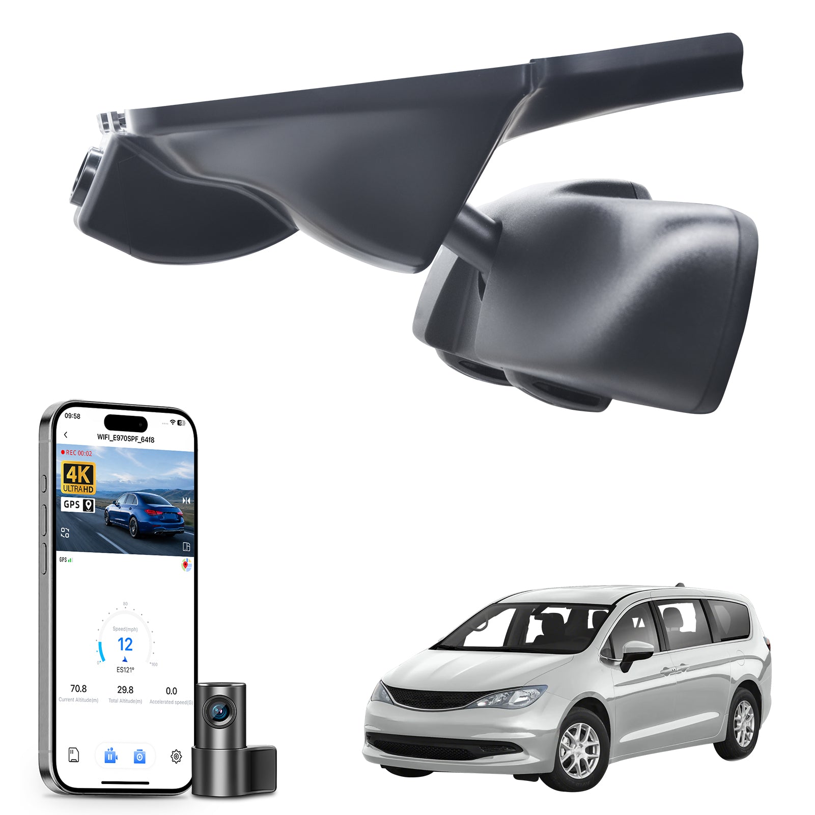 Car rearview mirror built-in dash cam with smartphone app control, 4K Ultra HD recording, GPS tracking, and Chrysler Voyager MPV models in the background.
