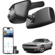 Car built-in dash cam with smartphone app control, 4K Ultra HD recording, GPS tracking, and Dodge Challenger car models in the background.