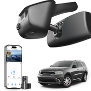 Car dashboard camera, smartphone app  control, 4K Ultra HD recording, GPS tracking, and Dodge Durango SUV models in the background