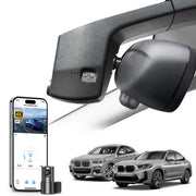 2 channel dash cam with dual STARVIS 2, features smartphone app control, 4K Ultra HD recording, GPS tracking, and BMW X4 Gen2 SAC models in the background.  