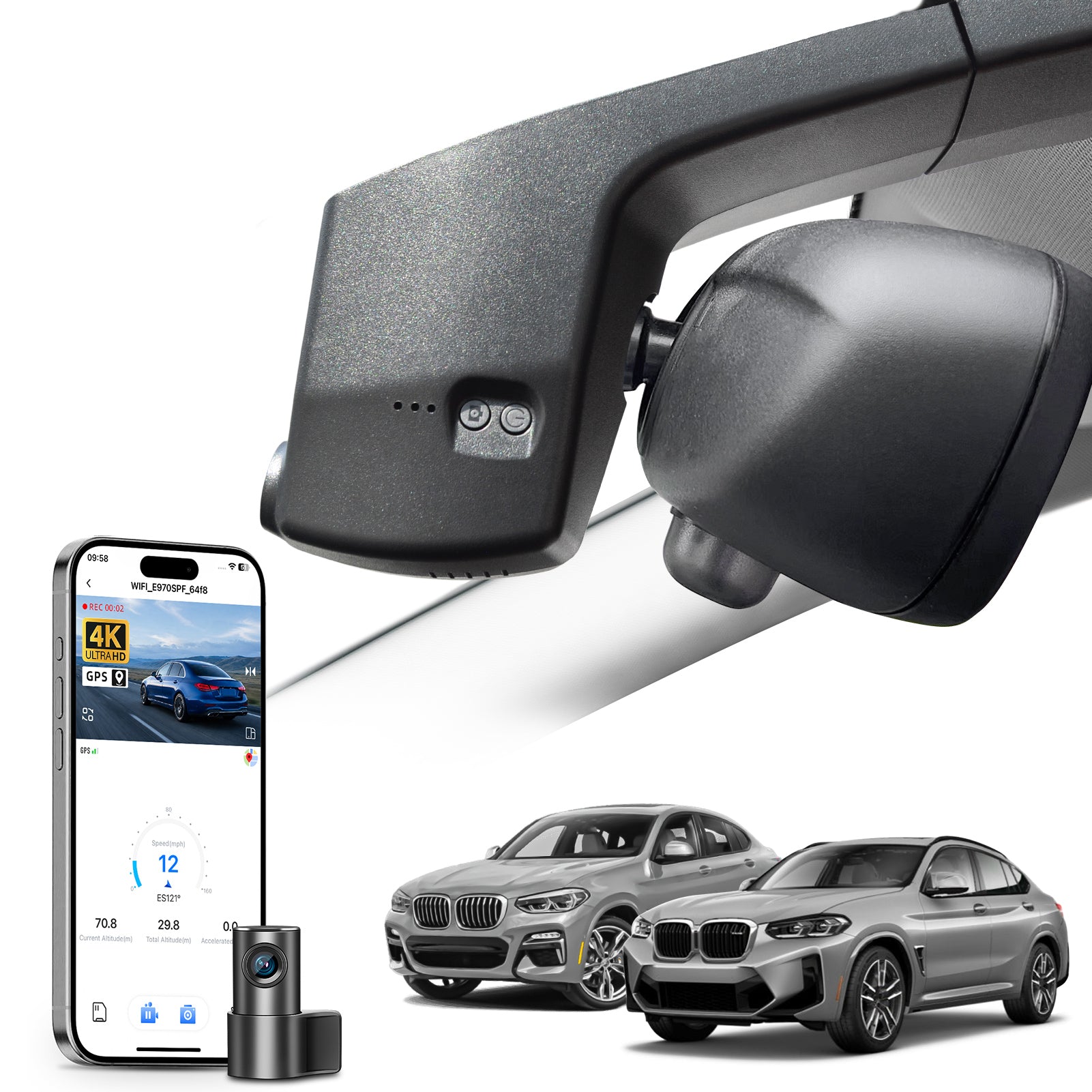 2 channel dash cam with dual STARVIS 2, features smartphone app control, 4K Ultra HD recording, GPS tracking, and BMW X4 Gen2 SAC models in the background.  