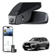 2 channel dash cam with dual STARVIS 2, features smartphone app control, 4K Ultra HD recording, GPS tracking, and BMW X5 Gen4 SUV models in the background.  