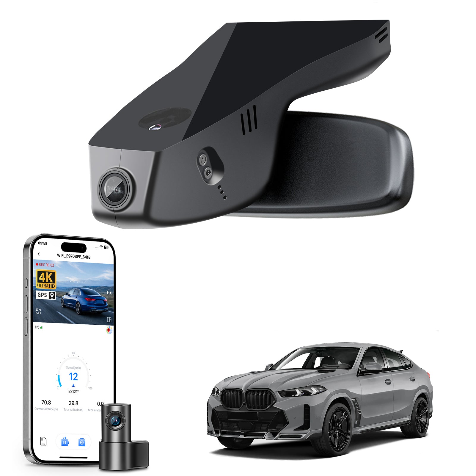 2 channel dash cam with dual STARVIS 2, features smartphone app control, 4K Ultra HD recording, GPS tracking, and BMW X6 Gen3 SUV models in the background.  