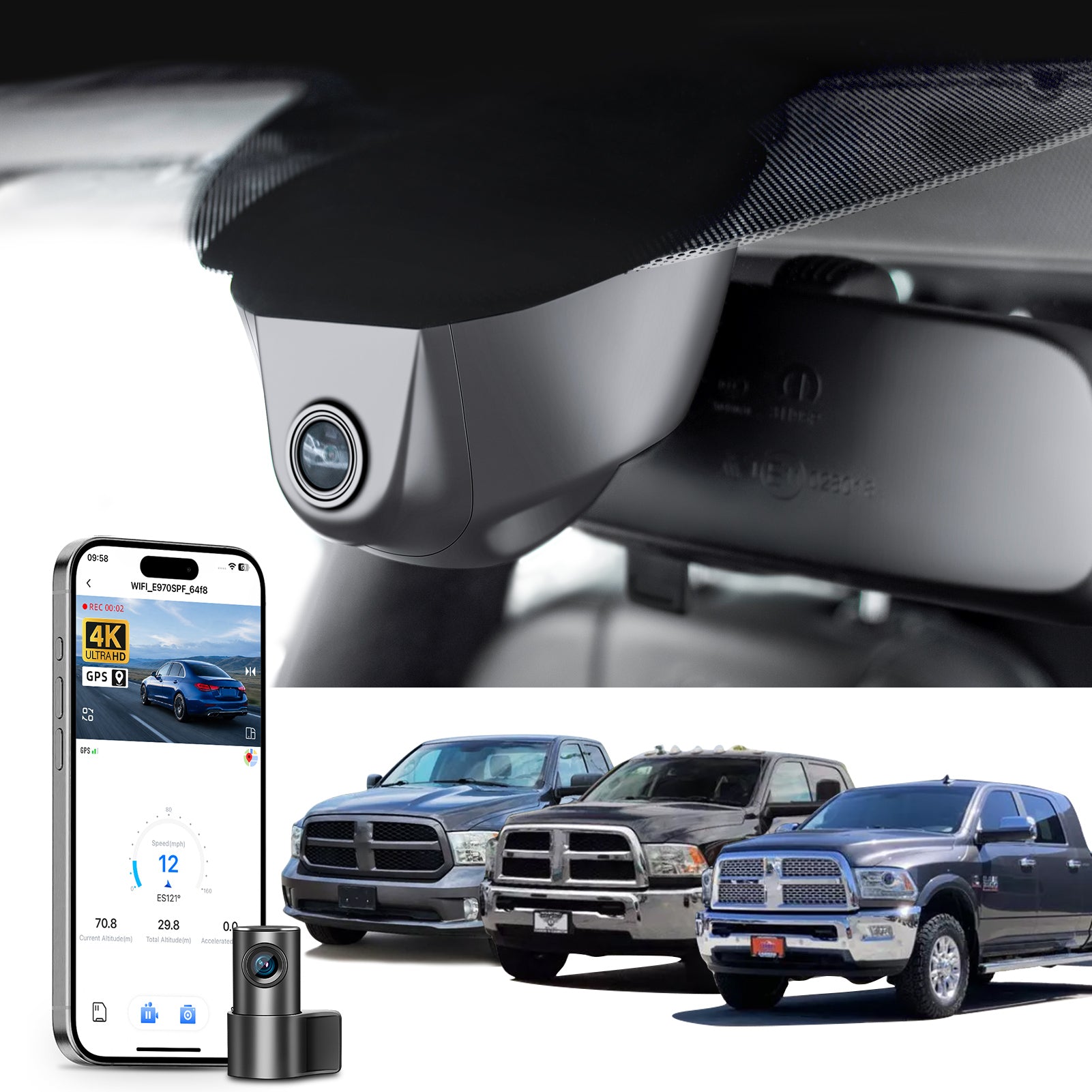 2 channel dash cam with dual STARVIS 2, features smartphone app control, 4K Ultra HD recording, GPS tracking, and Dodge RAM Gen4 Pickup models in the background.  