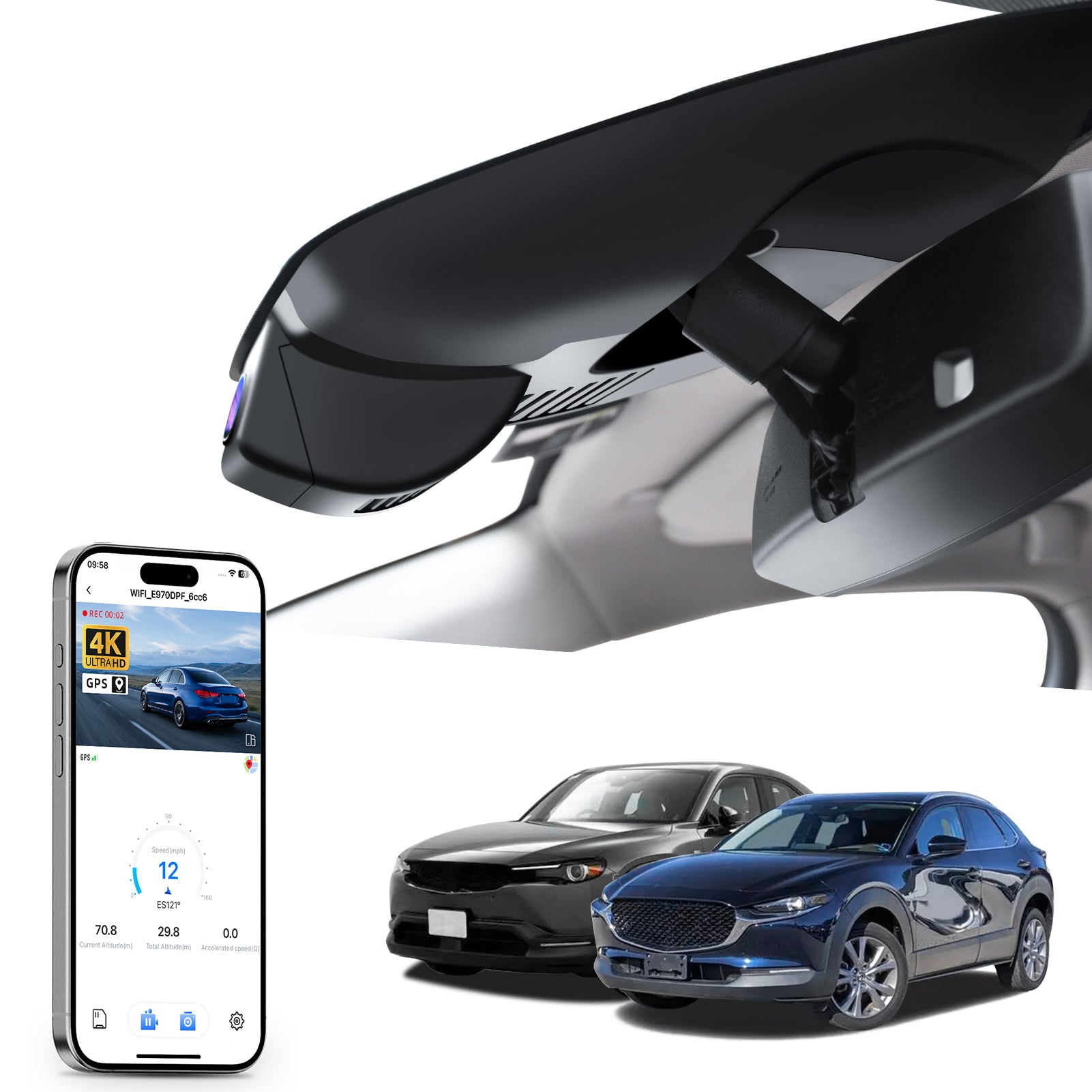 2 channel dash cam with dual STARVIS 2, features smartphone app control, 4K Ultra HD recording, GPS tracking, and Mazda  CX-30 Crossover models in the background. 