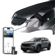 2 channel dash cam with dual STARVIS 2, features smartphone app control, 4K Ultra HD recording, GPS tracking, and Mazda CX-50 Off-road SUV models in the background. 