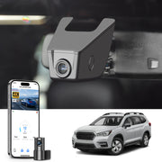 2 channel dash cam with dual STARVIS 2, features smartphone app control, 4K Ultra HD recording, GPS tracking, and Subaru Ascent SUV models in the background.  