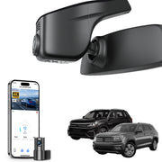2 channel dash cam with dual STARVIS 2, features smartphone app control, 4K Ultra HD recording, GPS tracking, and Volkswagen Amarok Pickup models in the background.  