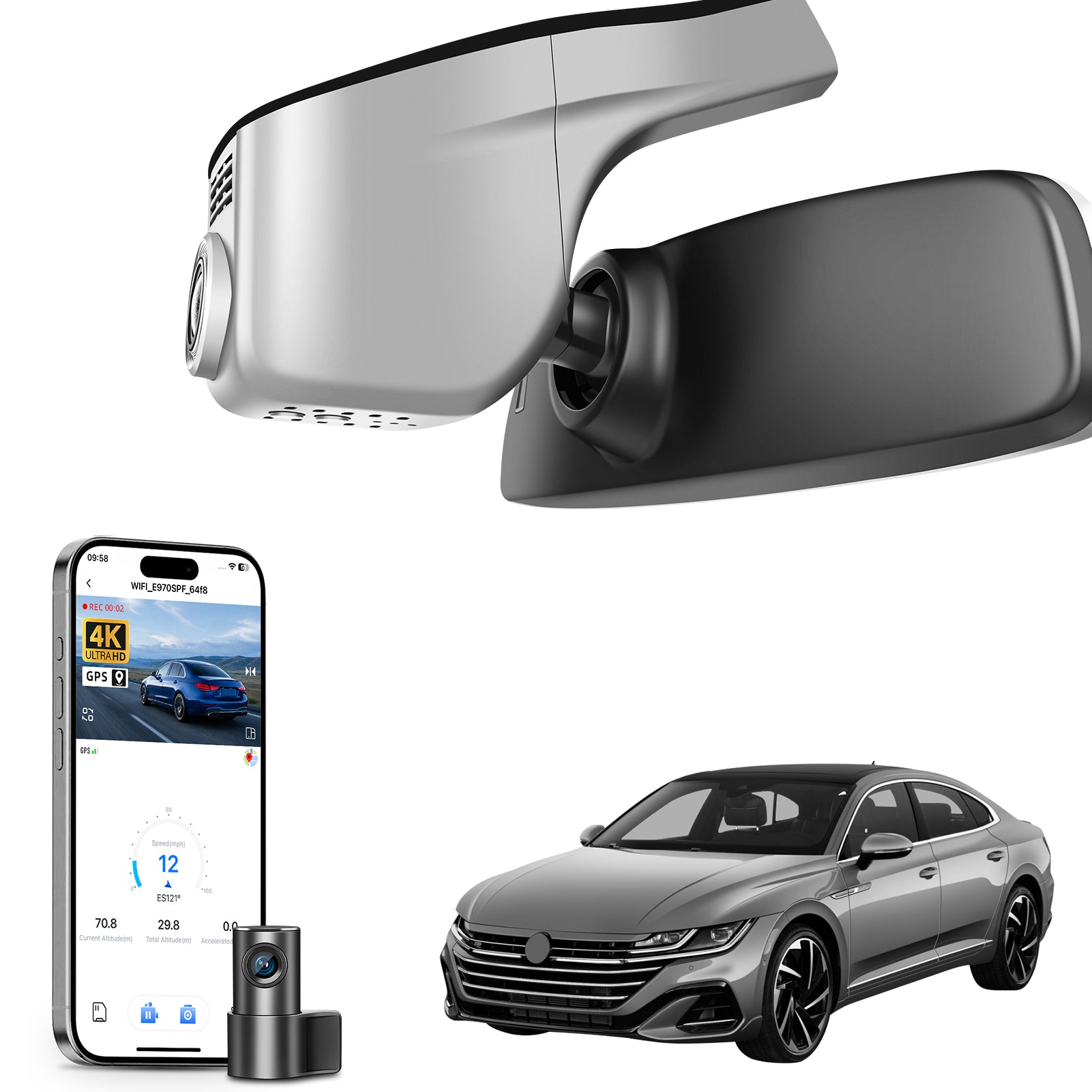 2 channel dash cam with dual STARVIS 2, features smartphone app control, 4K Ultra HD recording, GPS tracking, and Volkswagen Arteon Coupe models in the background.  