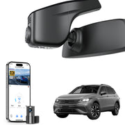 2 channel dash cam with dual STARVIS 2, features smartphone app control, 4K Ultra HD recording, GPS tracking, and Volkswagen Tiguan SUV models in the background.  