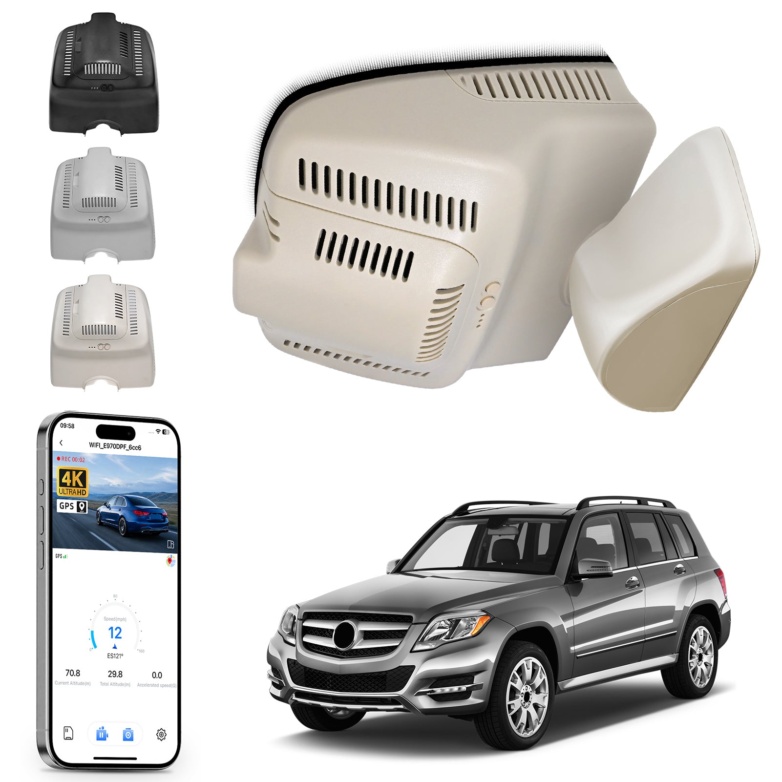Car rearview mirror built-in dash cam with smartphone app control, 4K Ultra HD recording, GPS tracking, and Benz GLK models in the background.