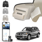Mangoal 2 channel dash cam with dual STARVIS 2, features smartphone app control, 4K Ultra HD recording, GPS tracking, and Benz GLK models in the background. 