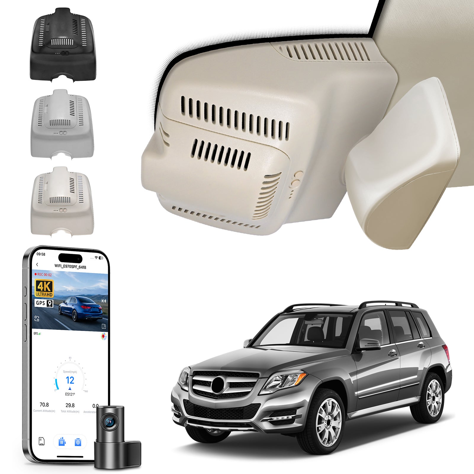 Mangoal 2 channel dash cam with dual STARVIS 2, features smartphone app control, 4K Ultra HD recording, GPS tracking, and Benz GLK models in the background. 