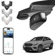 Car rearview mirror built-in dash cam with smartphone app control, 4K Ultra HD recording, GPS tracking, and Benz GLE & GLS models in the background.