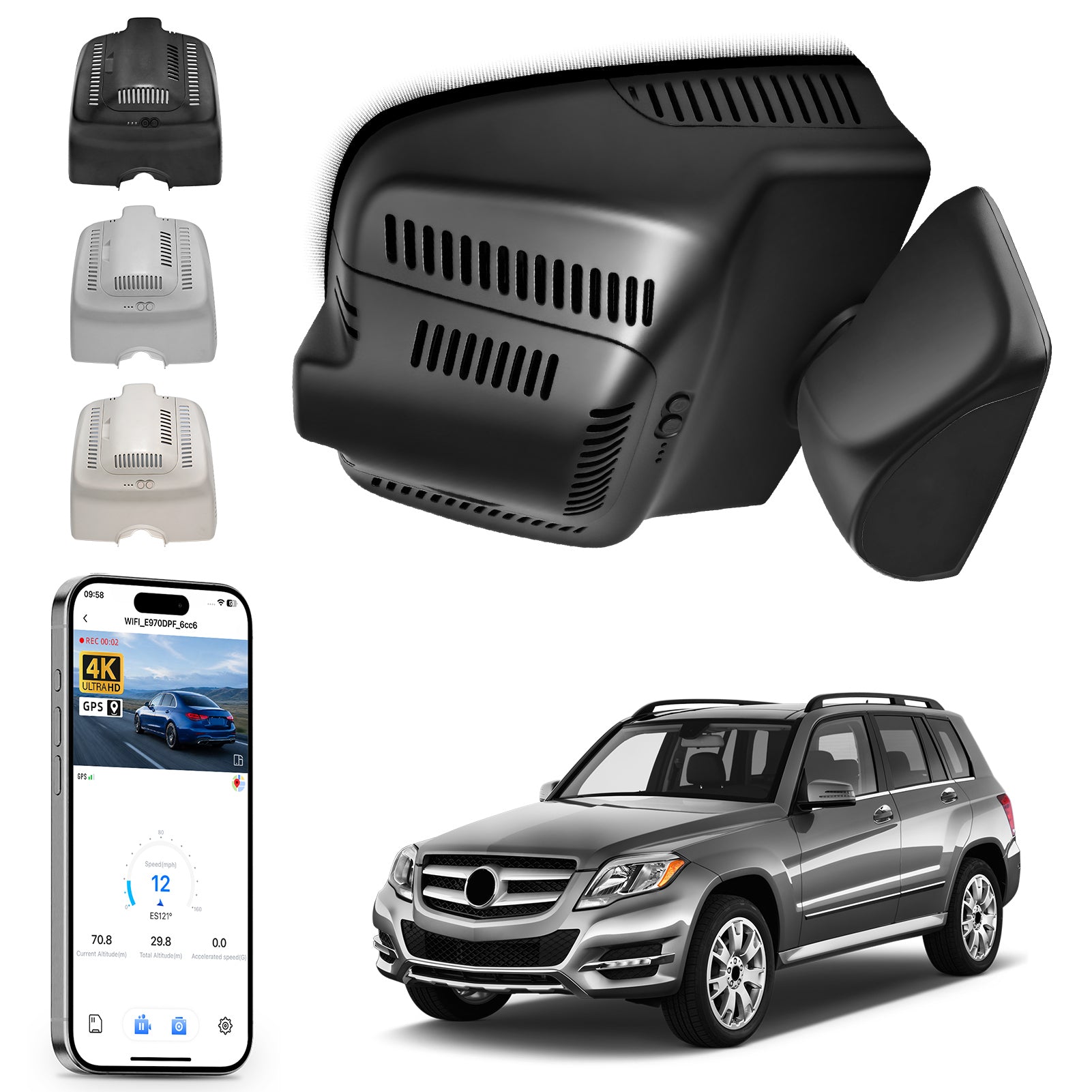 Car rearview mirror built-in dash cam with smartphone app control, 4K Ultra HD recording, GPS tracking, and Benz GLK models in the background.