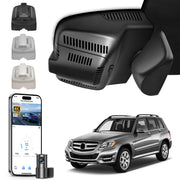 2 channel dash cam with dual STARVIS 2, features smartphone app control, 4K Ultra HD recording, GPS tracking, and Benz GLK models in the background. 