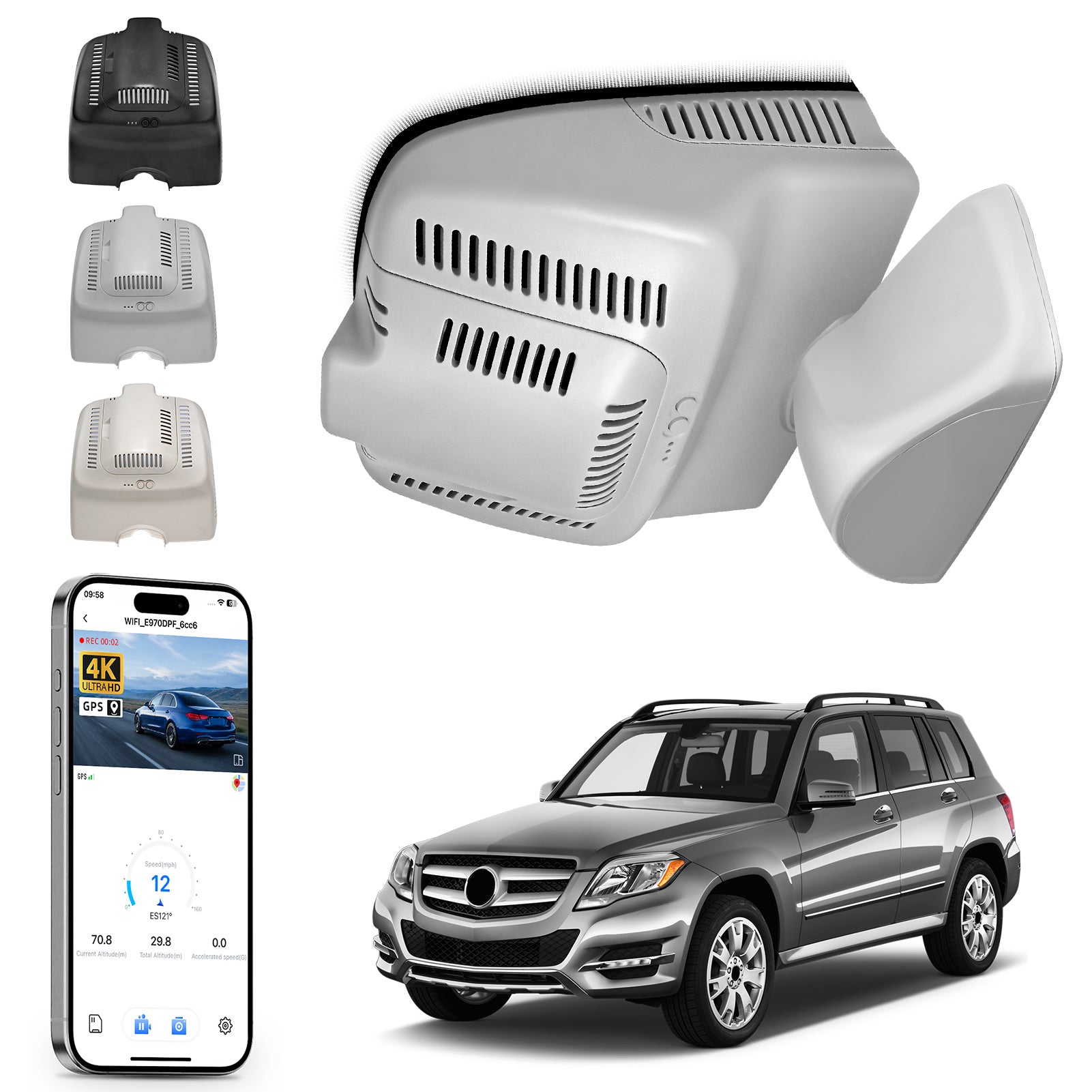 Mangoal Car rearview mirror built-in dash cam with smartphone app control, 4K Ultra HD recording, GPS tracking, and Benz GLK models in the background.