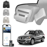 Mangoal 2 channel dash cam with dual STARVIS 2, features smartphone app control, 4K Ultra HD recording, GPS tracking, and Benz GLK models in the background. 