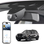 Car rearview mirror built-in dash cam with smartphone app control, 4K Ultra HD recording, GPS tracking, and BMW X7 SUV models in the background.