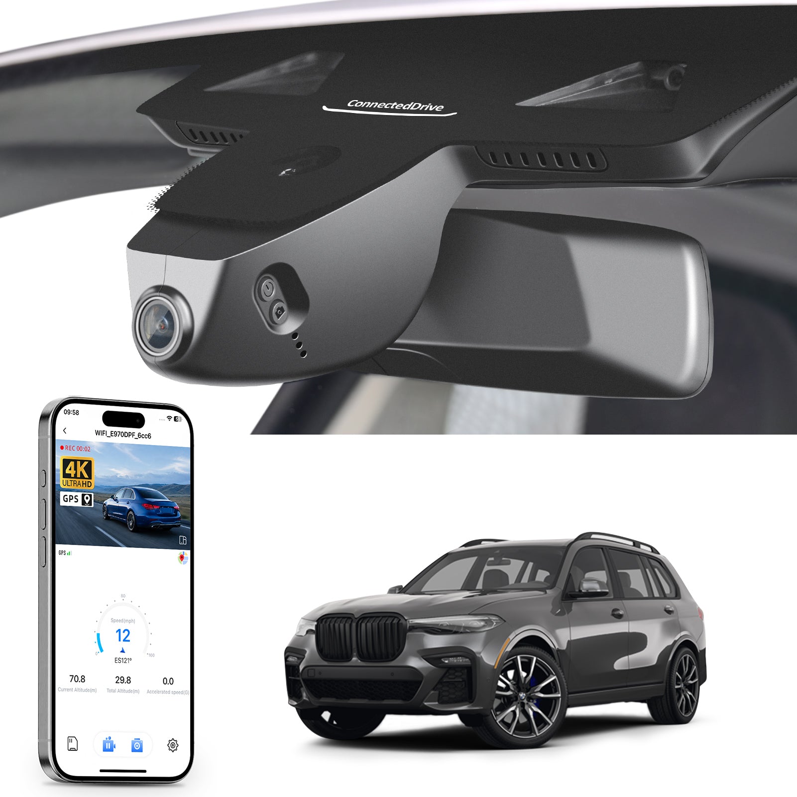 Car rearview mirror built-in dash cam with smartphone app control, 4K Ultra HD recording, GPS tracking, and BMW X7 SUV models in the background.