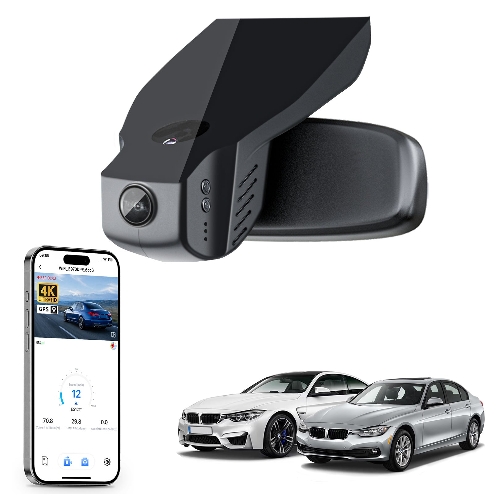 Car rearview mirror built-in dash cam with smartphone app control, 4K Ultra HD recording, GPS tracking, and BMW 3 Series Gen6 models in the background.