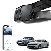 Car rearview mirror built-in dash cam with smartphone app control, 4K Ultra HD recording, GPS tracking, and BMW 3 Series Gen7 models in the background.