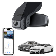 Car rearview mirror built-in dash cam with smartphone app control, 4K Ultra HD recording, GPS tracking, and BMW 4 Series Gen1 models in the background.