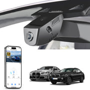 Car rearview mirror built-in dash cam with smartphone app control, 4K Ultra HD recording, GPS tracking, and BMW 4 Series Gen2 models in the background.