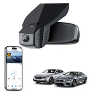 Car rearview mirror built-in dash cam with smartphone app control, 4K Ultra HD recording, GPS tracking, and BMW 6 Series Gen3 models in the background.