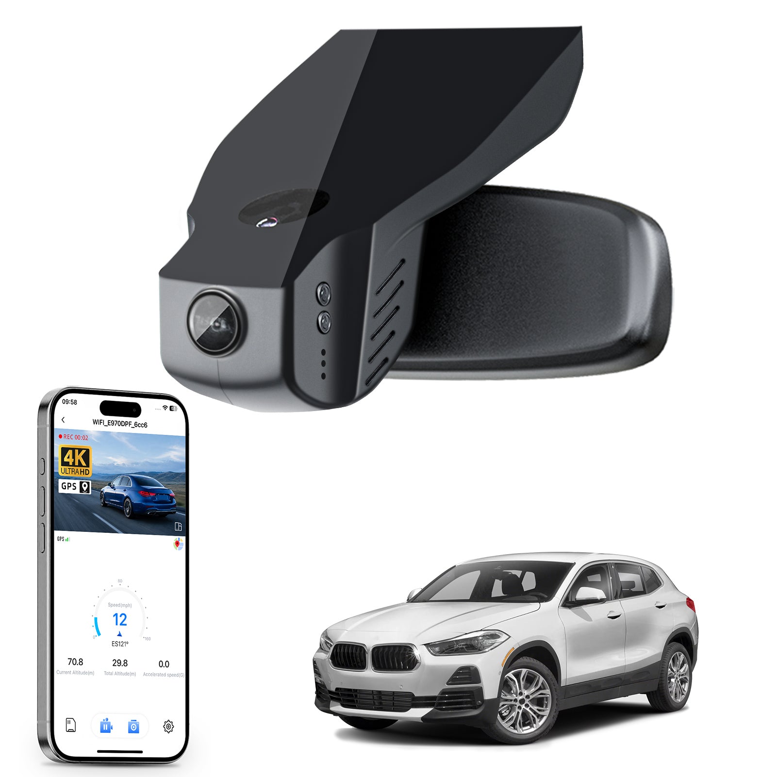 Car rearview mirror built-in dash cam with smartphone app control, 4K Ultra HD recording, GPS tracking, and BMW X2 Gen1 SUV models in the background.
