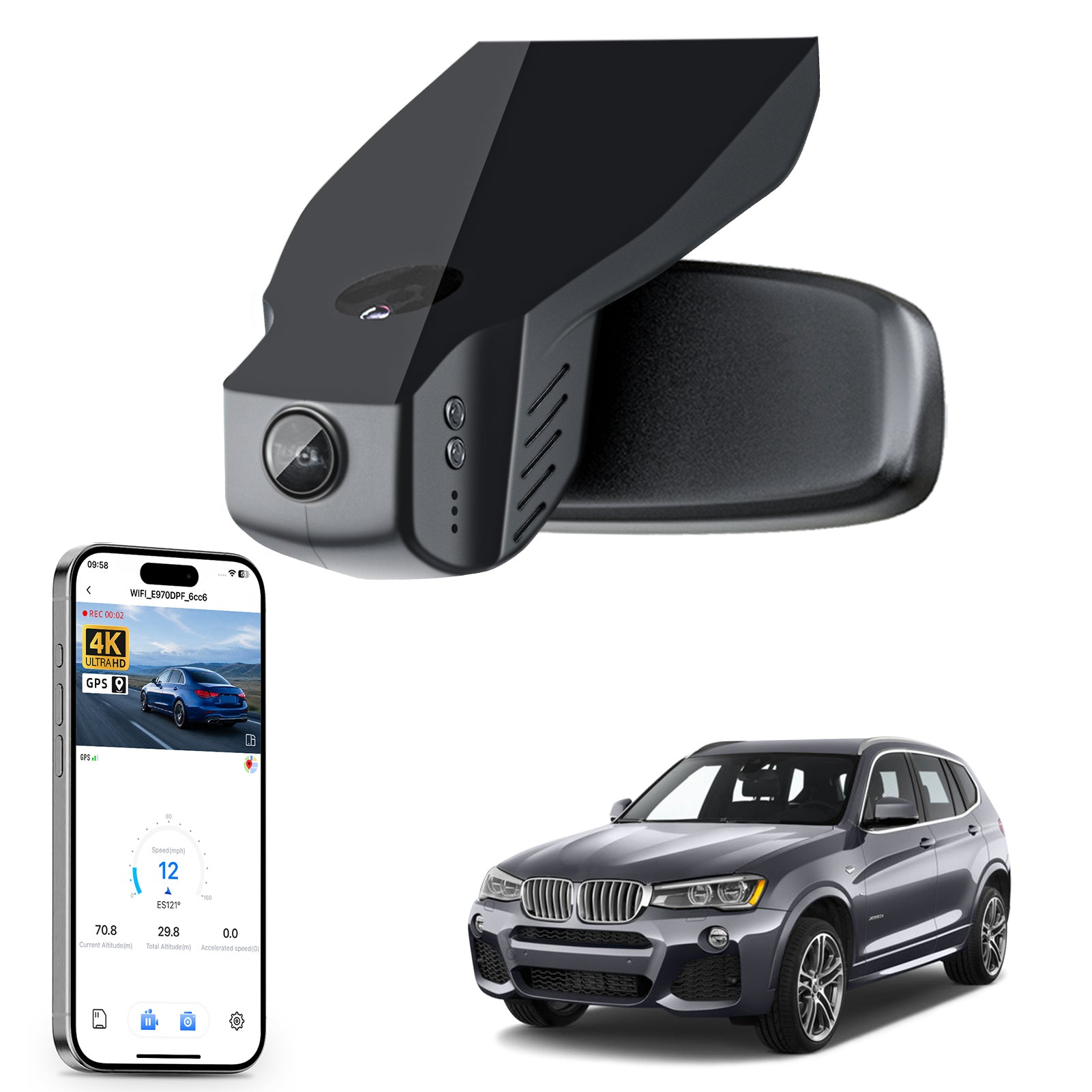 Car rearview mirror built-in dash cam with smartphone app control, 4K Ultra HD recording, GPS tracking, and BMW X3 Gen2 SUV models in the background.
