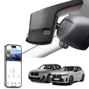Car rearview mirror built-in dash cam with smartphone app control, 4K Ultra HD recording, GPS tracking, and BMW X3 Gen3 SUV models in the background.