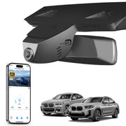 Car rearview mirror built-in dash cam with smartphone app control, 4K Ultra HD recording, GPS tracking, and BMW X4 Gen2 SAC models in the background.