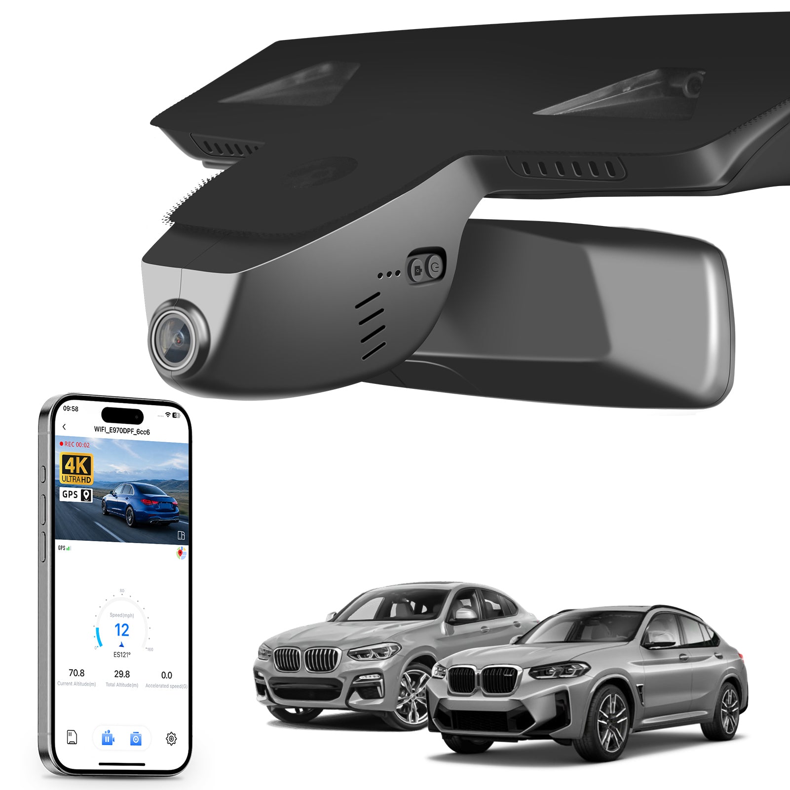Car rearview mirror built-in dash cam with smartphone app control, 4K Ultra HD recording, GPS tracking, and BMW X4 Gen2 SAC models in the background.