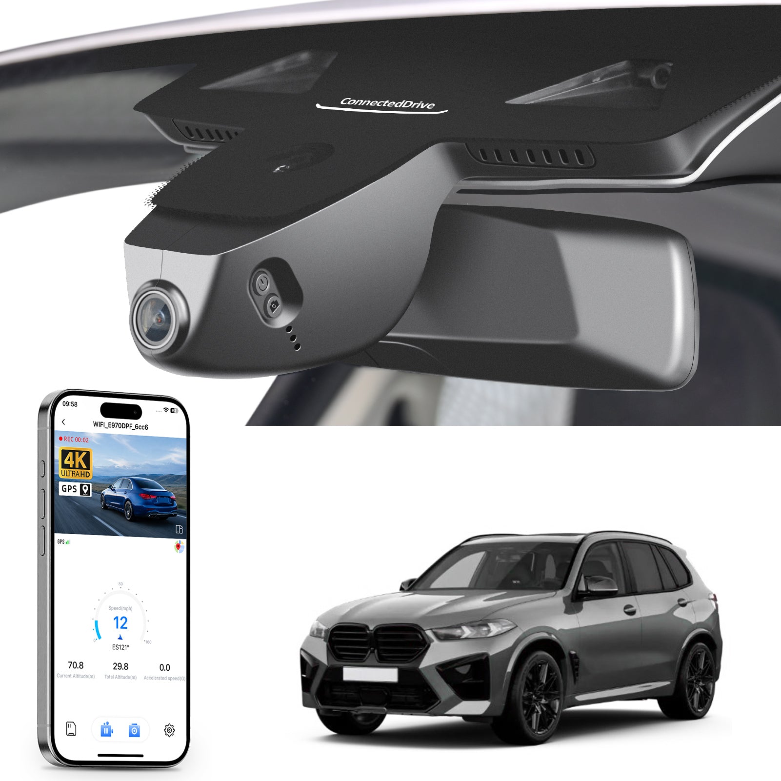 Car rearview mirror built-in dash cam with smartphone app control, 4K Ultra HD recording, GPS tracking, and BMW X5 Gen4 SUV models in the background.
