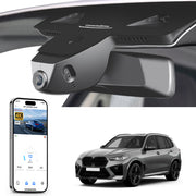 Car rearview mirror built-in dash cam with smartphone app control, 4K Ultra HD recording, GPS tracking, and BMW X5 Gen4 SUV models in the background.
