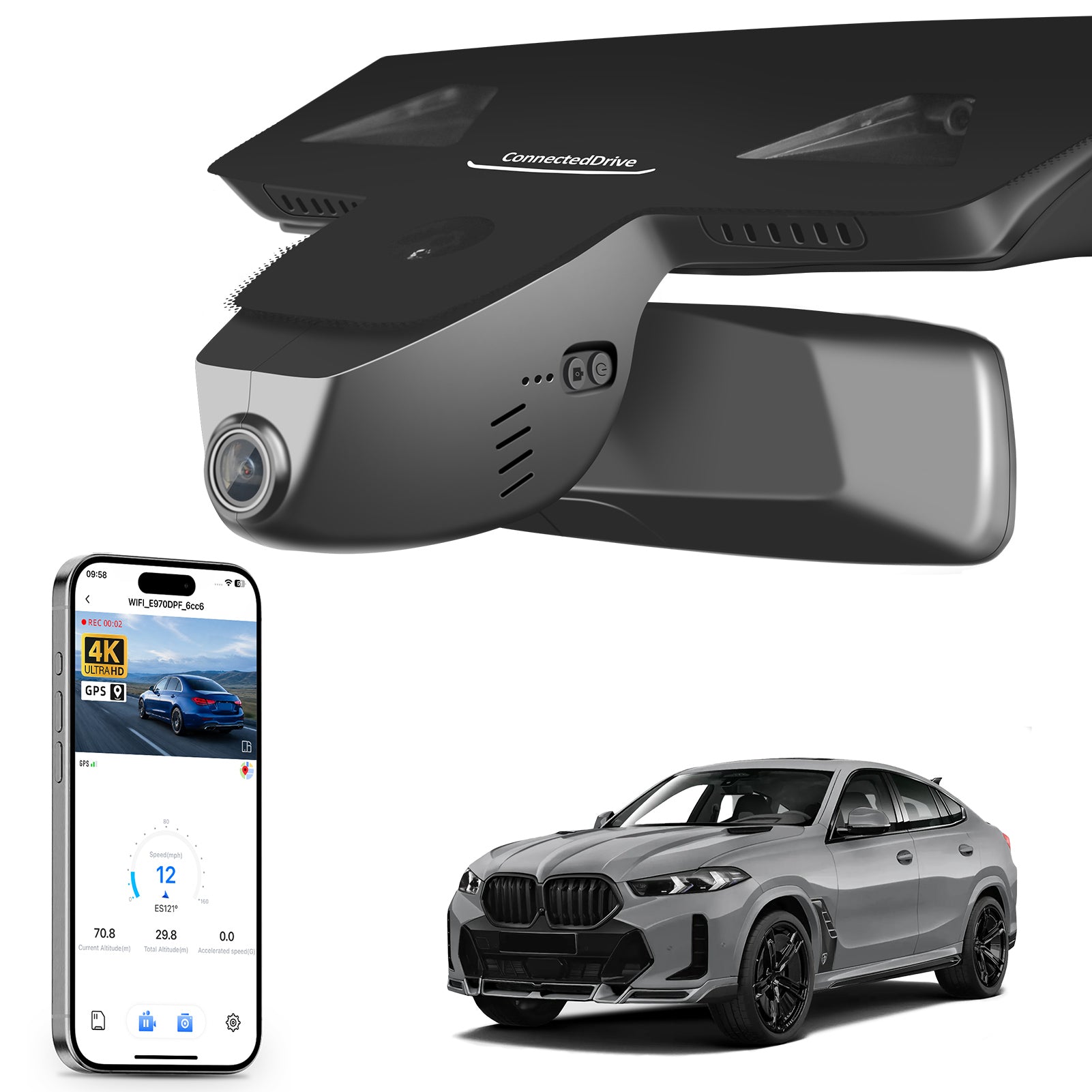 Car rearview mirror built-in dash cam with smartphone app control, 4K Ultra HD recording, GPS tracking, and BMW X6 Gen3 SUV models in the background.