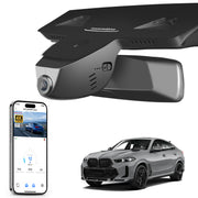 Car rearview mirror built-in dash cam with smartphone app control, 4K Ultra HD recording, GPS tracking, and BMW X6 Gen3 SUV models in the background.