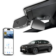 Car rearview mirror built-in dash cam with smartphone app control, 4K Ultra HD recording, GPS tracking, and BMW iX SUV models in the background.