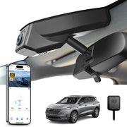Car rearview mirror built-in dash cam with smartphone app control, 4K Ultra HD recording, GPS tracking, and Buick Enclave SUV models in the background.