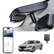 Car rearview mirror built-in dash cam with smartphone app control, 4K Ultra HD recording, GPS tracking, and Buick Lacrosse car models in the background.