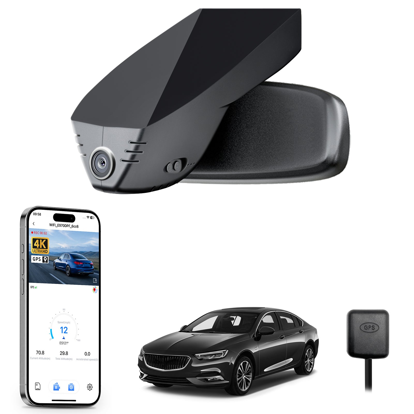 Car rearview mirror built-in dash cam with smartphone app control, 4K Ultra HD recording, GPS tracking, and Buick Regal car models in the background.