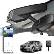 Car rearview mirror with built-in dash cam, features smartphone app control, 4K Ultra HD recording, GPS tracking, and Buick Envision car models in the background.