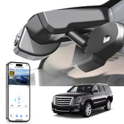 Car rearview mirror built-in dash cam with smartphone app control, 4K Ultra HD recording, GPS tracking, and Cadillac EScalade ESV SUV models in the background.