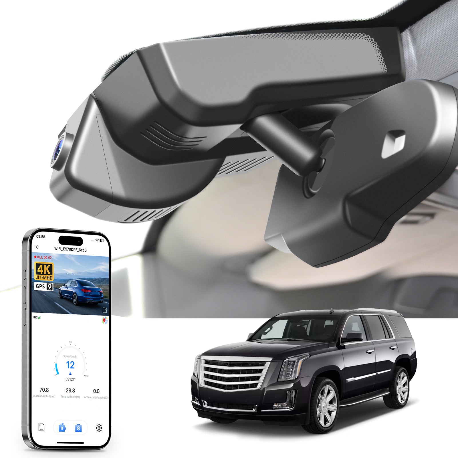 Car rearview mirror built-in dash cam with smartphone app control, 4K Ultra HD recording, GPS tracking, and Cadillac EScalade ESV SUV models in the background.